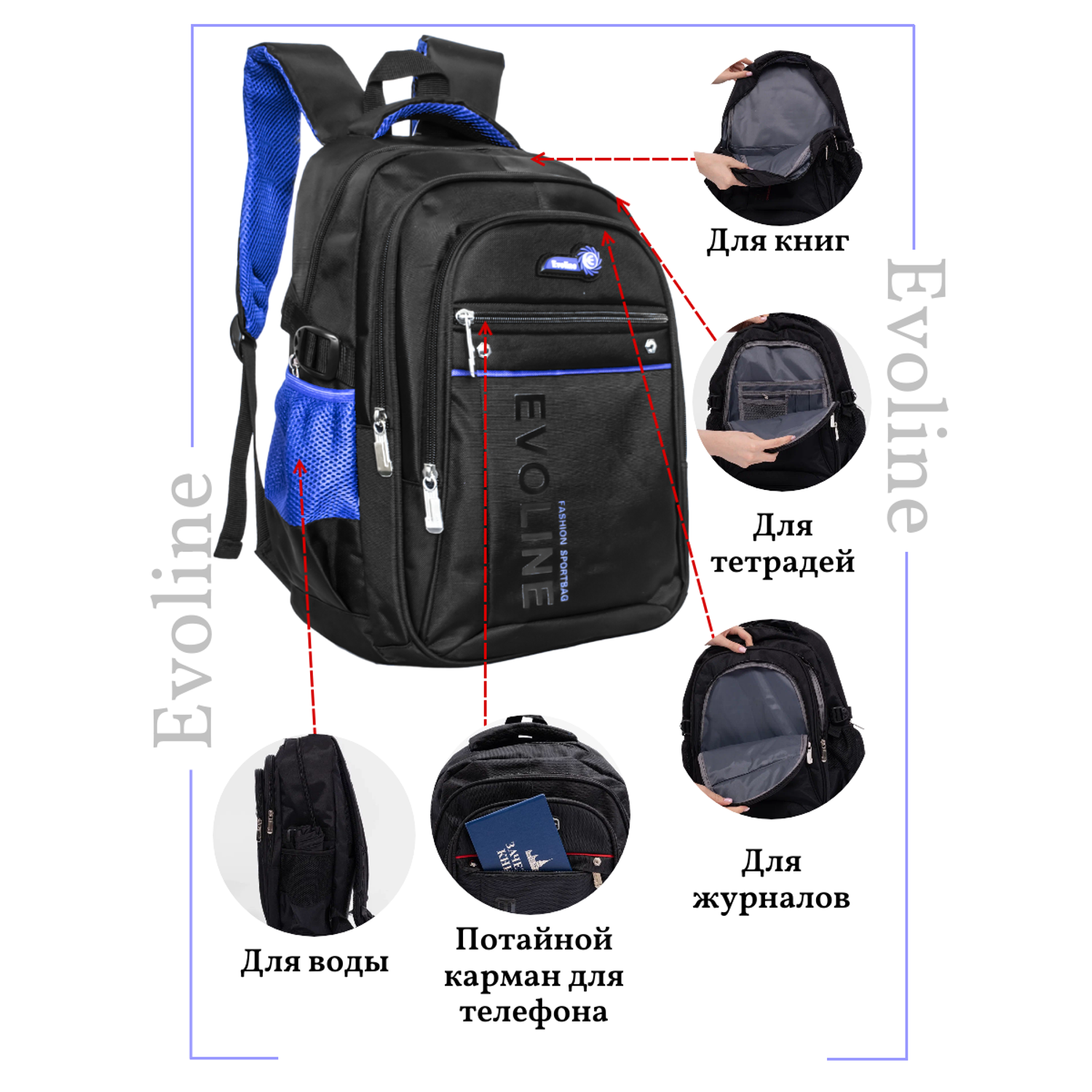 Рюкзак школьный Evoline Черный синий EVO-157-2 - фото 4
