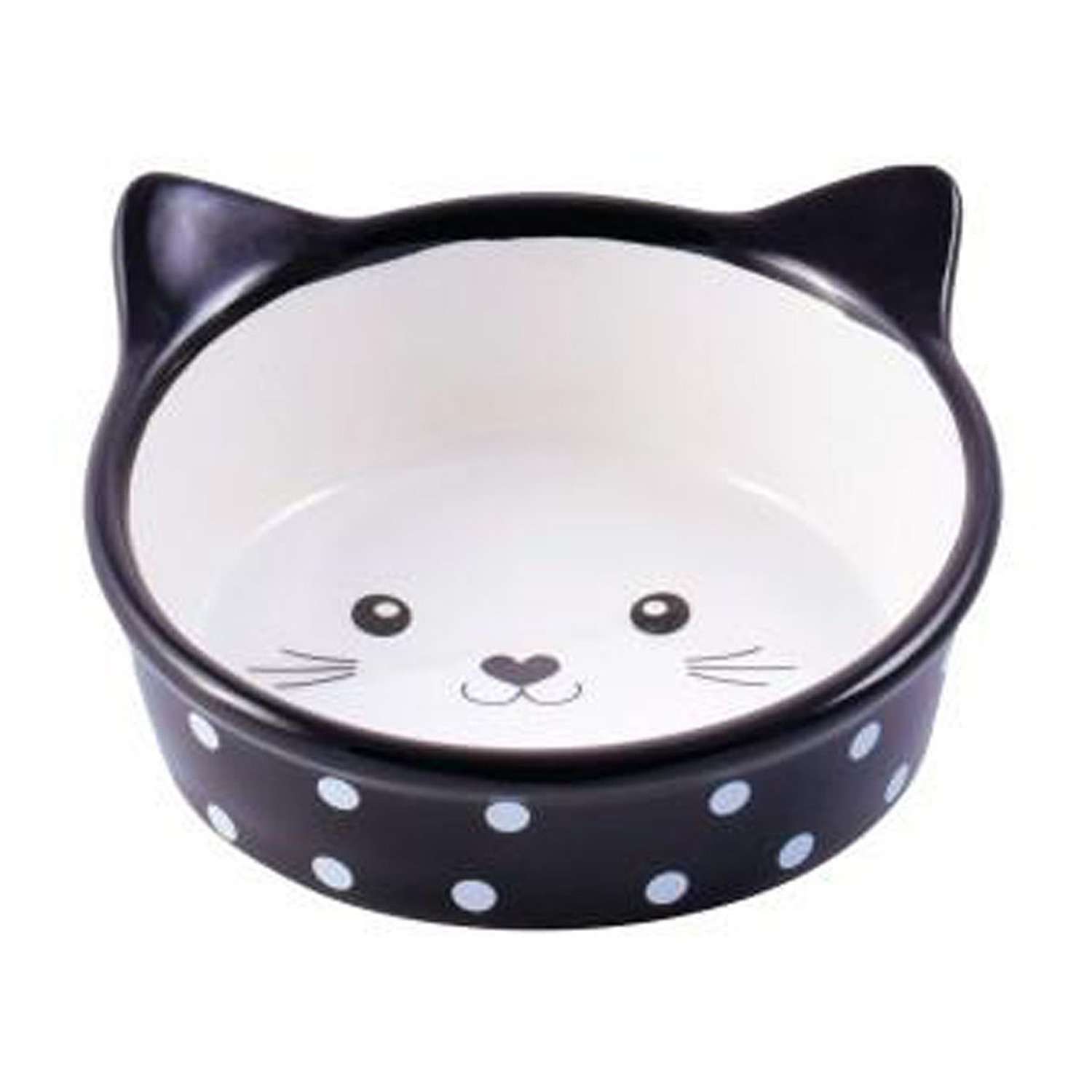 Миска для кошек Mr.Kranch Мордочка кошки керамическая 250мл Черная в горошек - фото 1