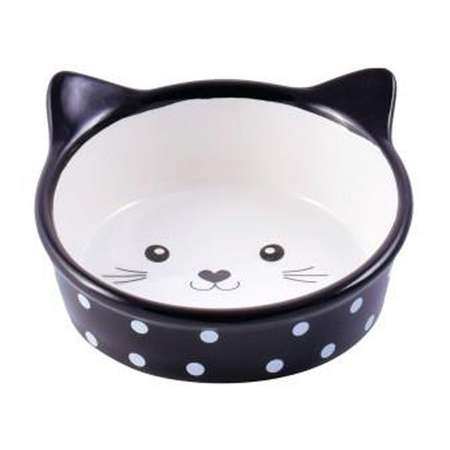 Миска для кошек Mr.Kranch Мордочка кошки керамическая 250мл Черная в горошек
