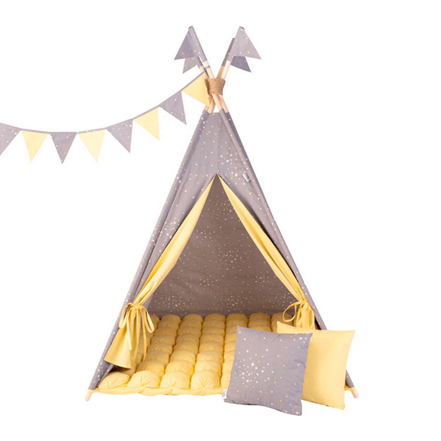 Детская игровая палатка вигвам Buklya Созвездие с ковриком бон-бон цв. серый / желтый - фото 3