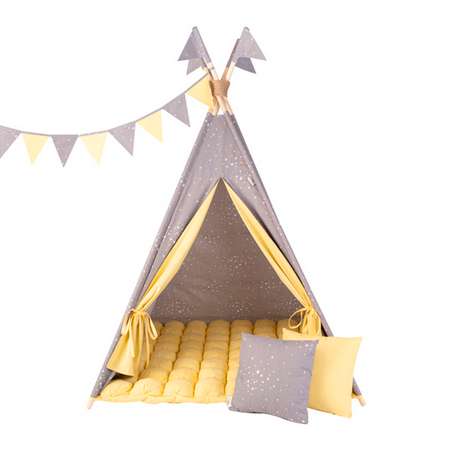 Детская игровая палатка вигвам Buklya Созвездие с ковриком бон-бон цв. серый / желтый