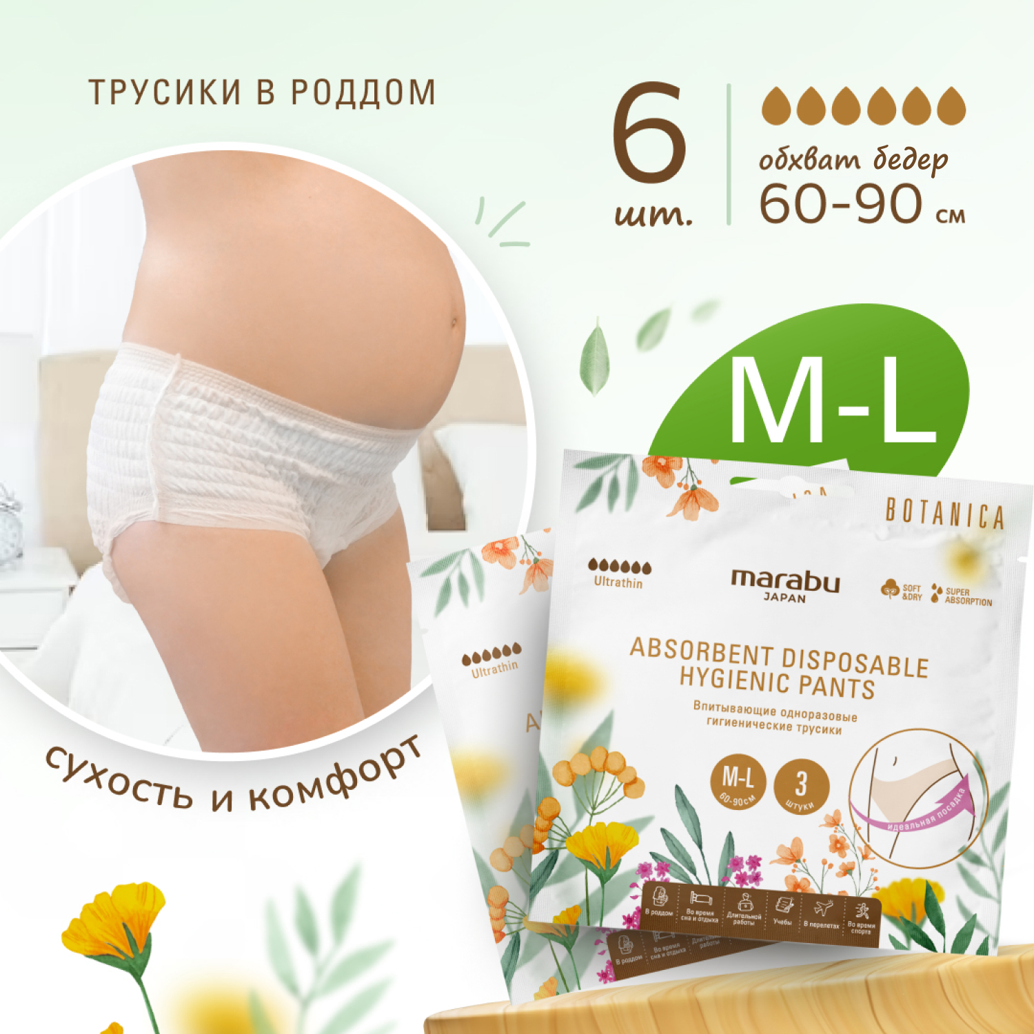 Трусы для рожениц MARABU серия BOTANICA размер M L с собой в роддом 2 упаковки по 3шт - фото 1