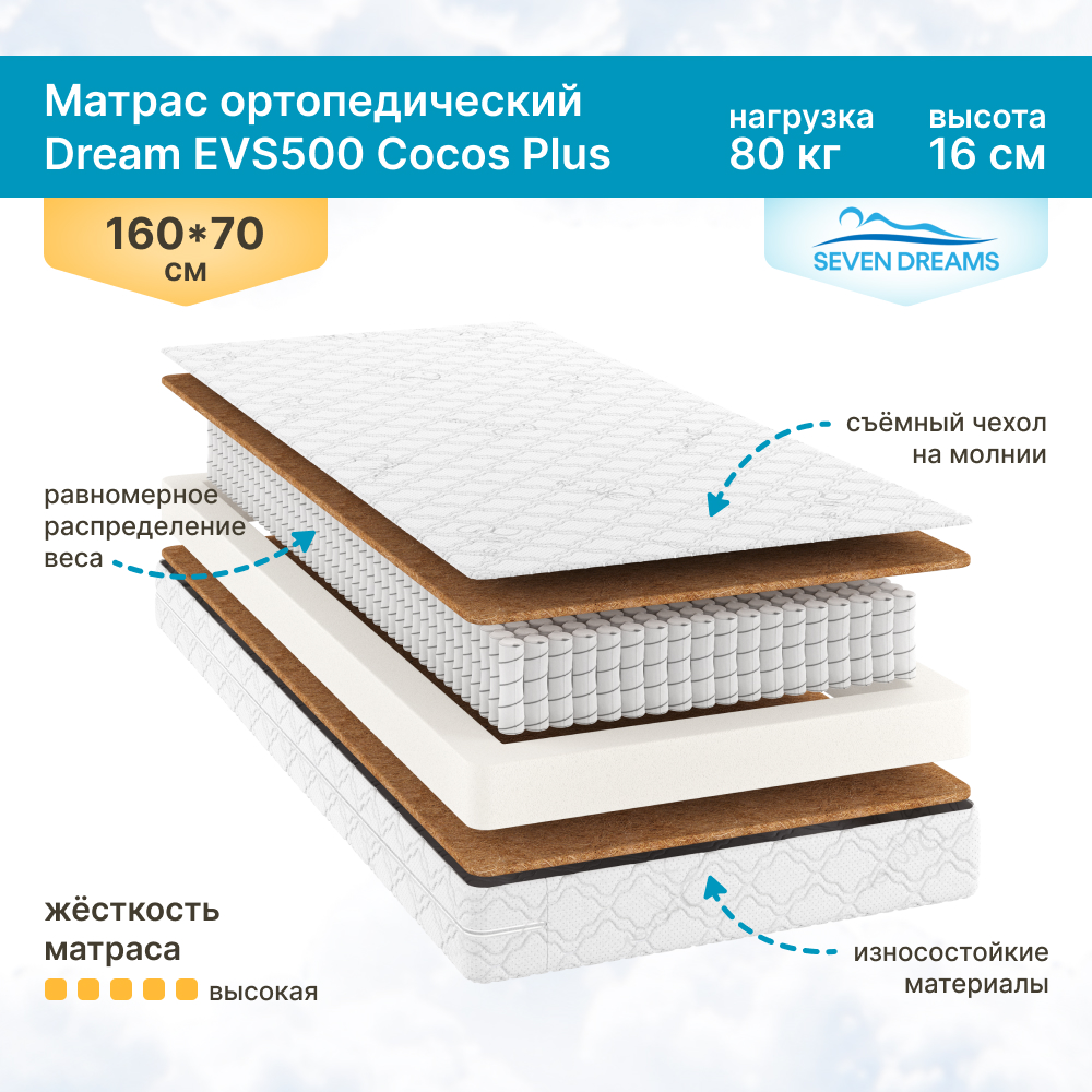 Матрас детский SEVEN DREAMS Dream EVS500 Cocos Plus 70 на 160 см - фото 1