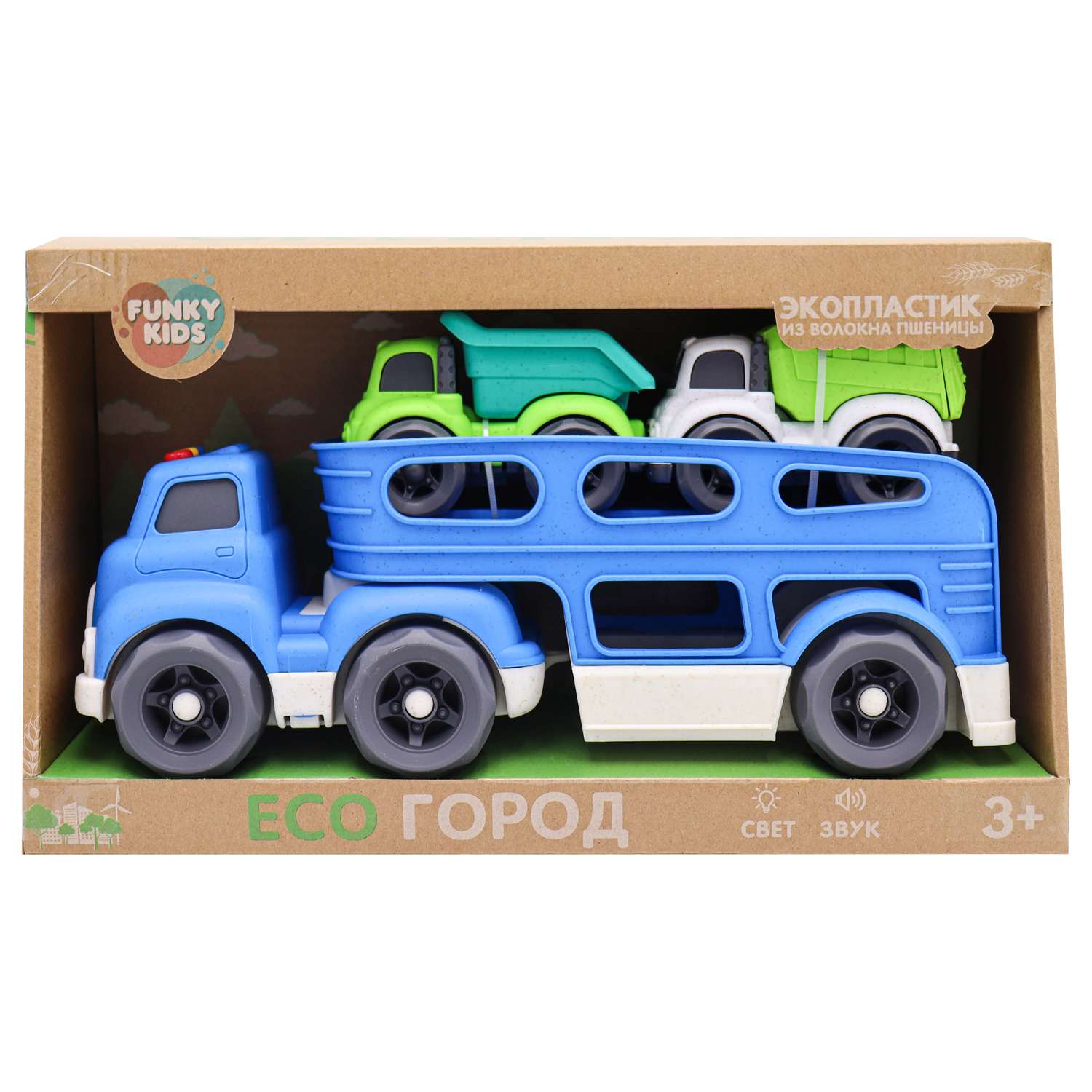 Игрушка Funky Toys Эко-грузовик с функциями свет/звук с 2 машинками Синий 30 см FT0416302 - фото 2