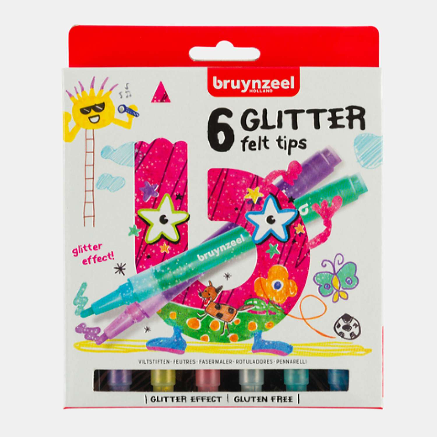 Набор фломастеров BRUYNZEEL Kids 6 цветов с глиттером в картонной упаковке - фото 1