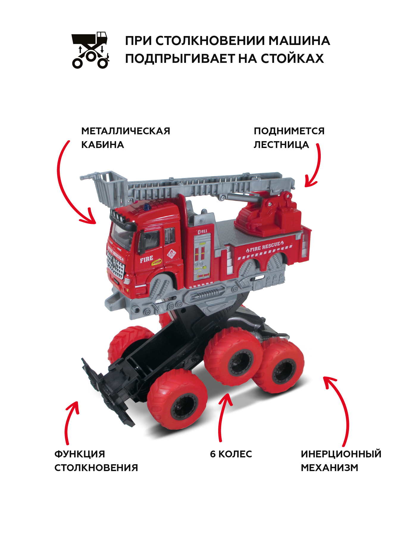 Пожарная машина Пламенный мотор для мальчиков Монстр трак металлическая инерционная 870826 - фото 2