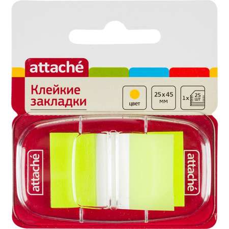 Клейкие закладки Attache пластиковые 1 цвет по 25 листов 25 мм х45 желтый 15 шт