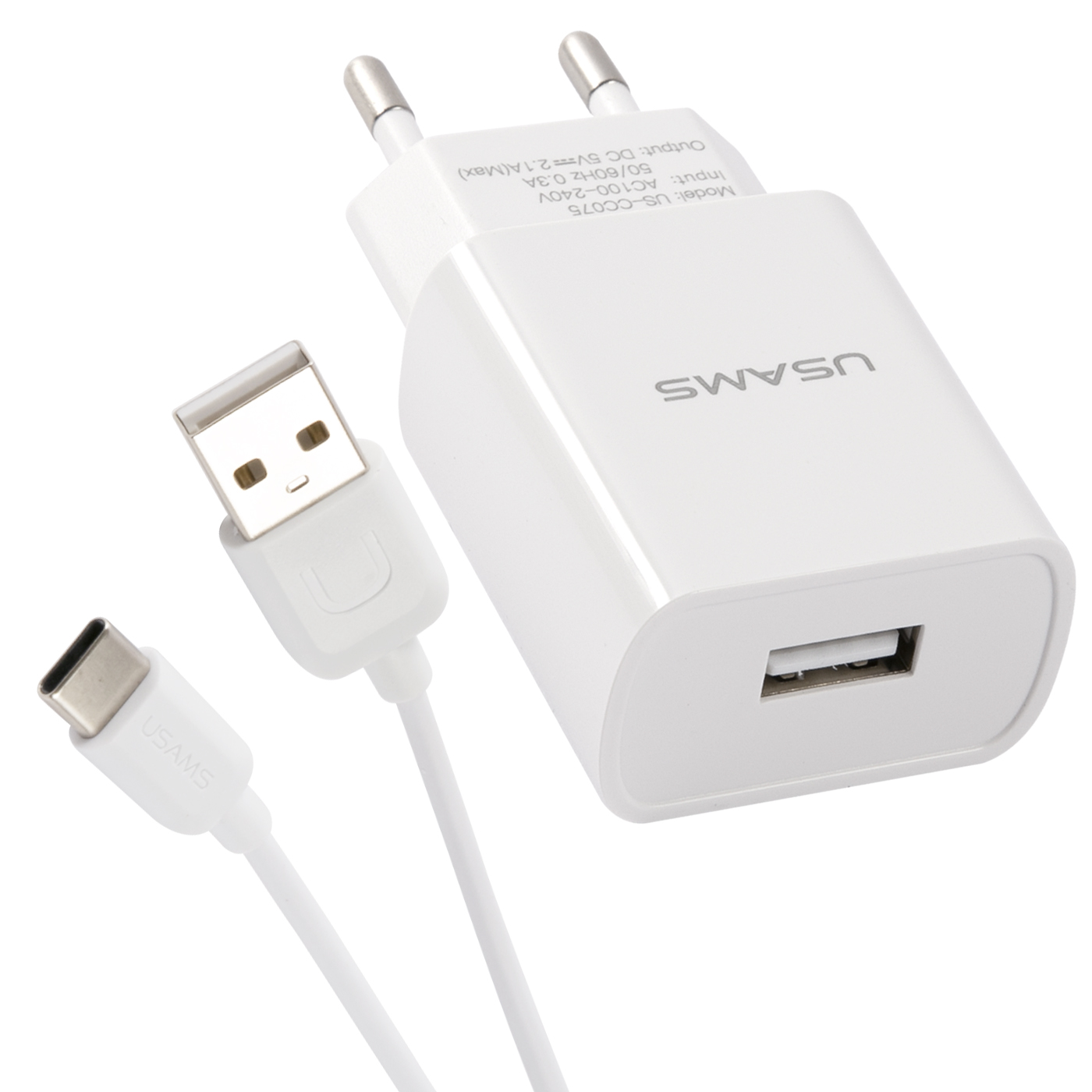 Сетевое ЗУ USAMS Модель T21 Charger kit 1 USB T18 2.1A + кабель Type-C 1m белый - фото 1