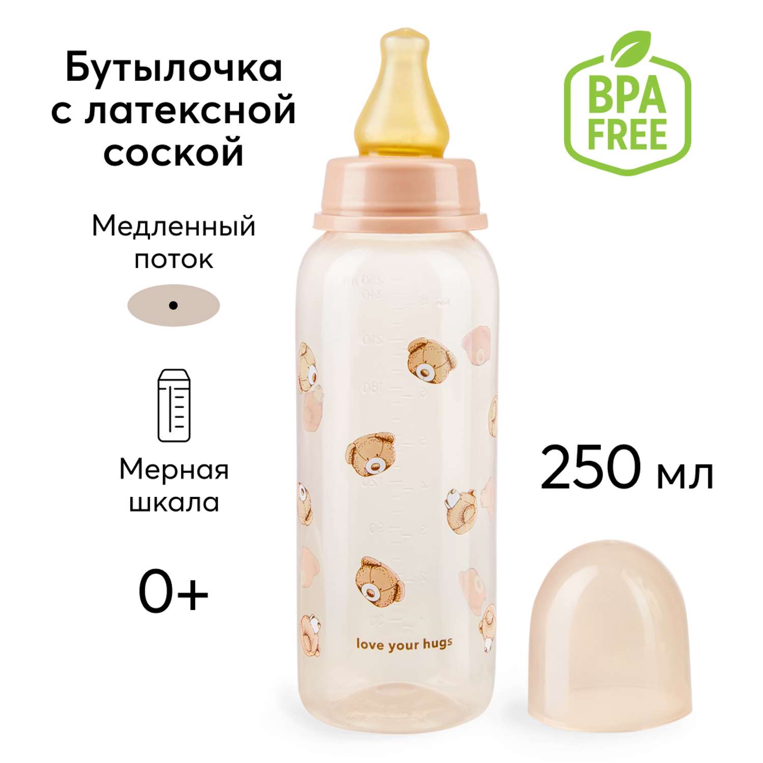 Бутылочка для кормления Happy Baby с латексной соской медленный поток 250 мл мишка - фото 1
