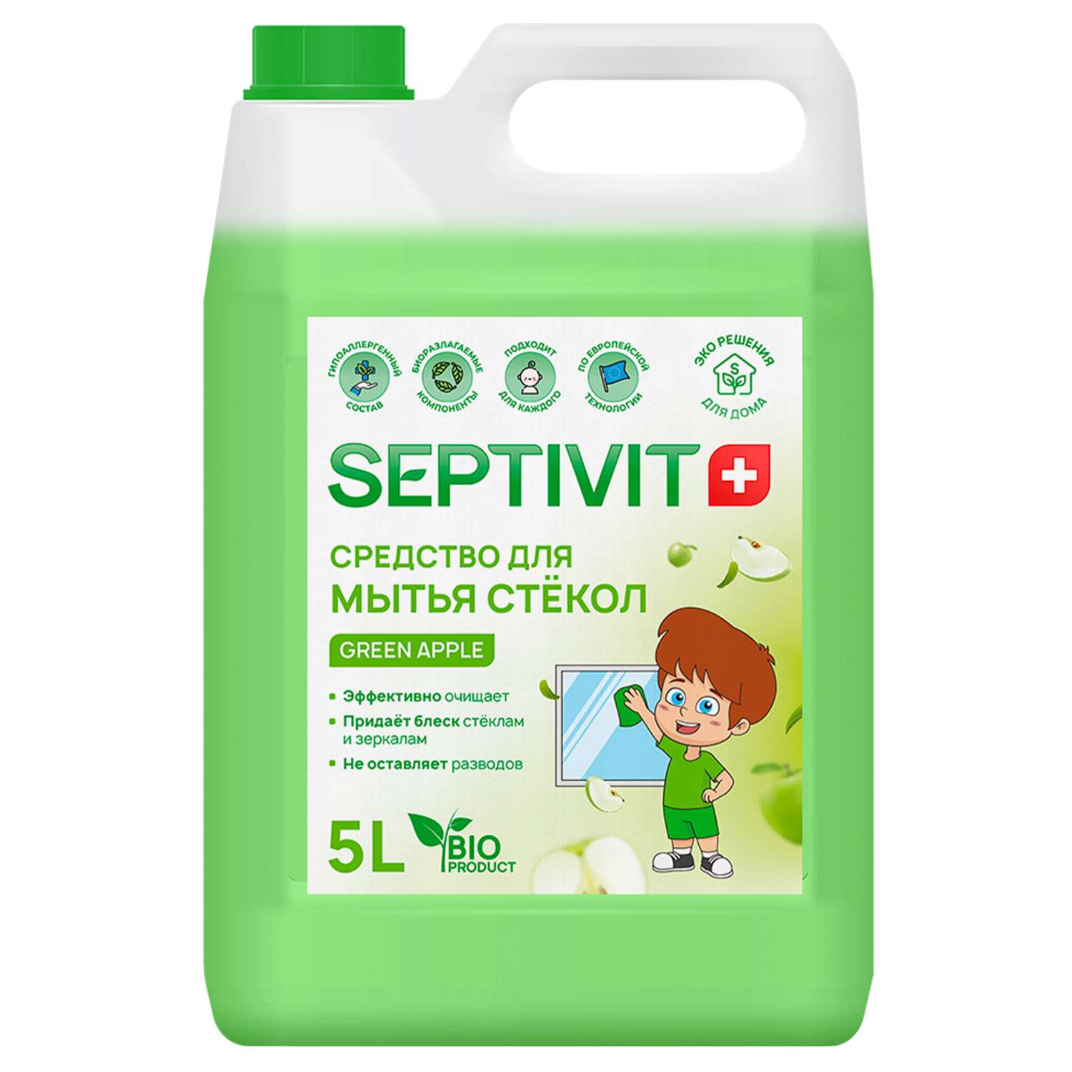 Средство для стекол и зеркал SEPTIVIT Premium Green Apple 5л - фото 1