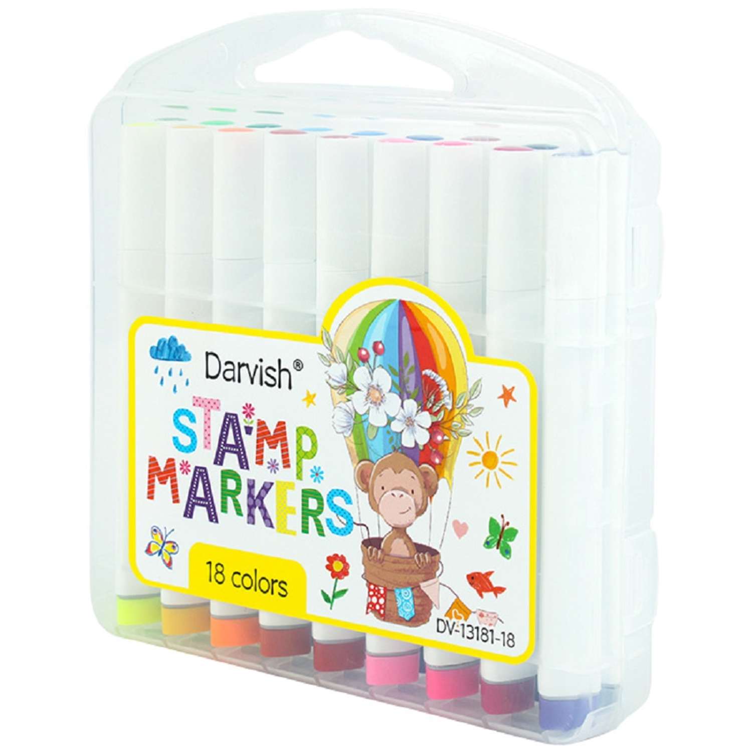 Фломастеры-кисти 18 цветов Darvish со штампами в пластиковом футляре для рисования - фото 8