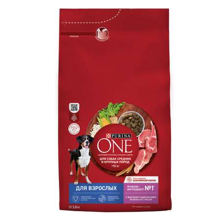 Корм для собак Purina One средних и крупных пород с ягненком и рисом сухой 3.8кг