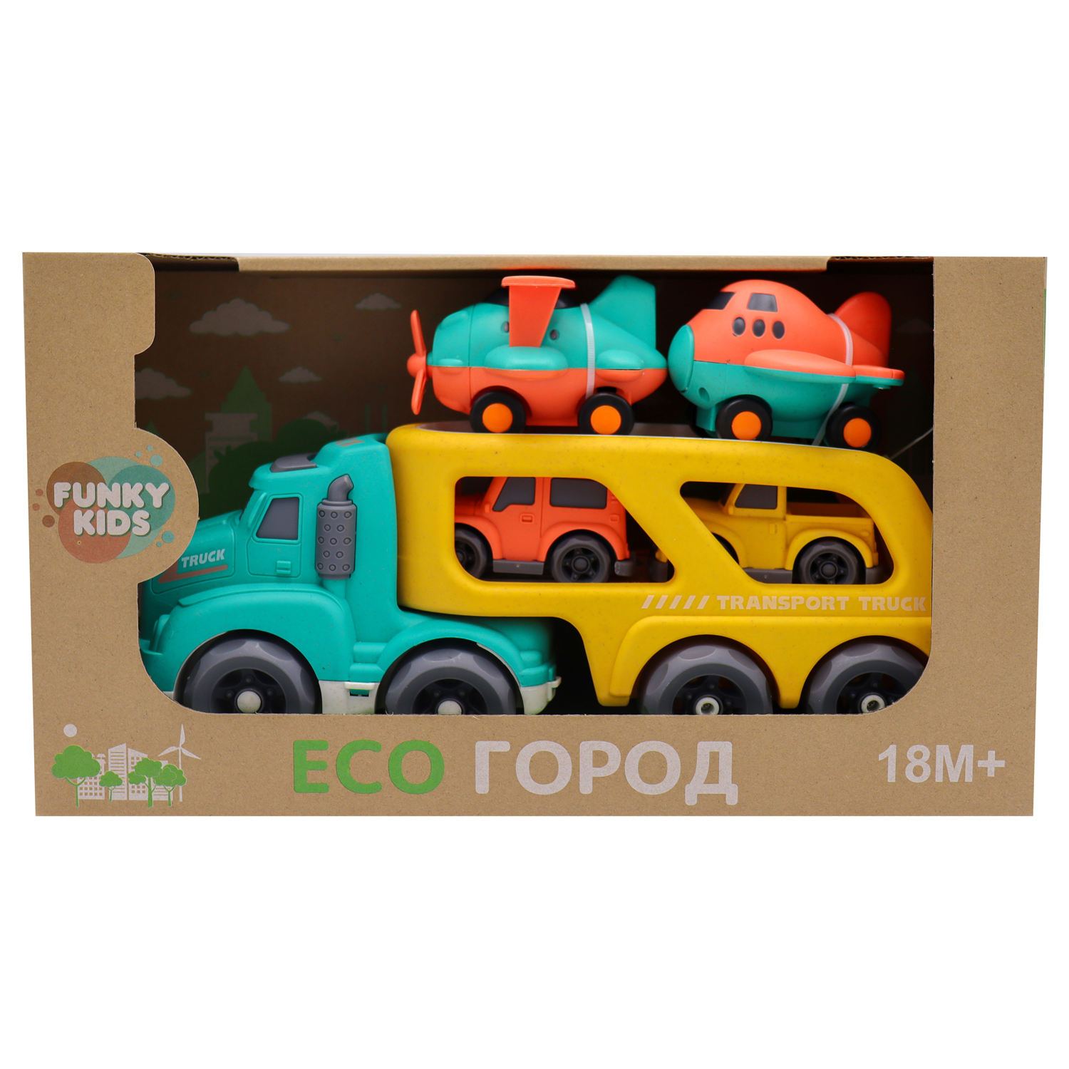 Игрушка Funky Toys Эко-машинка грузовик грузовик с 4 машинками Желтый 32 см  FT0416368