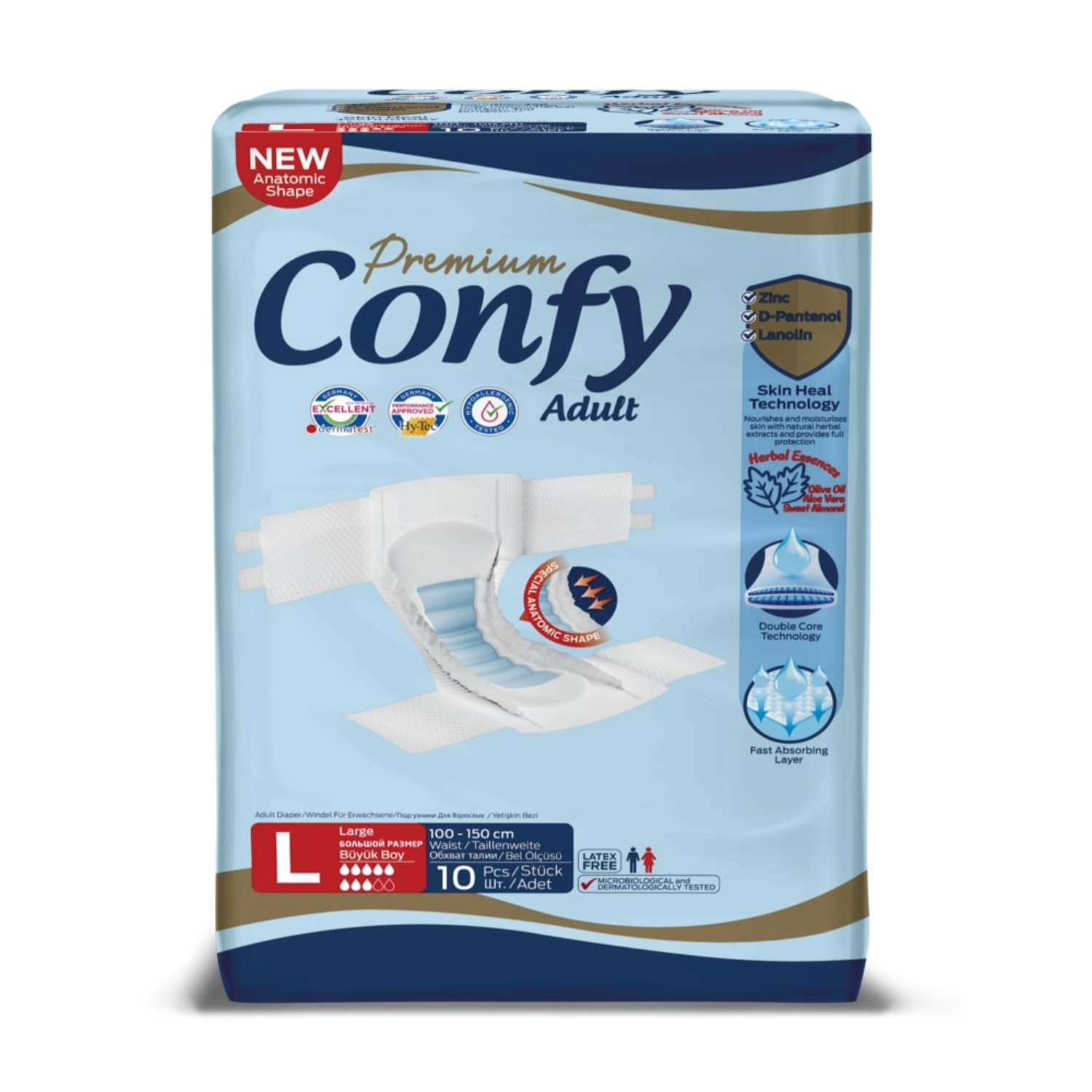 Подгузники для взрослых CONFY Adult Premium L10 размер L талия 100-150 см 10 шт - фото 1