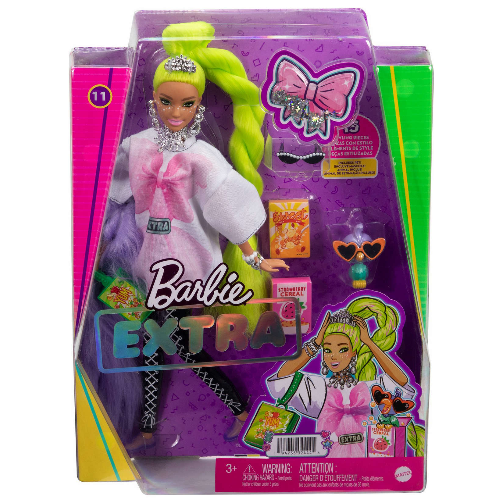 Barbie Кукла Экстра с зелеными неоновыми волосами