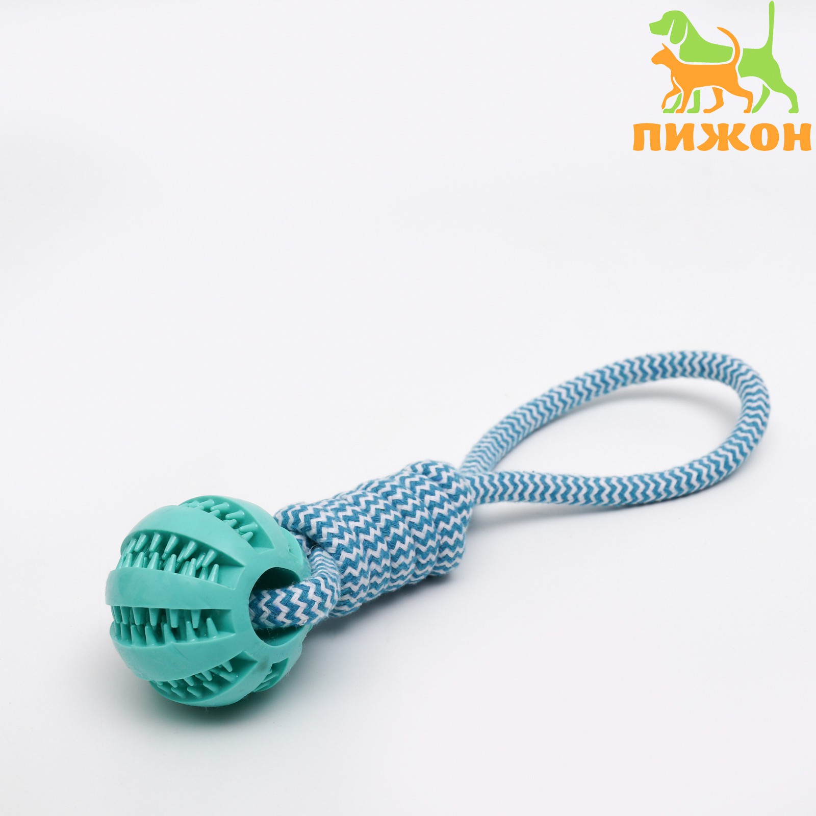 Игрушка для собак Пижон канатная плетеная с мячом голубая - фото 2