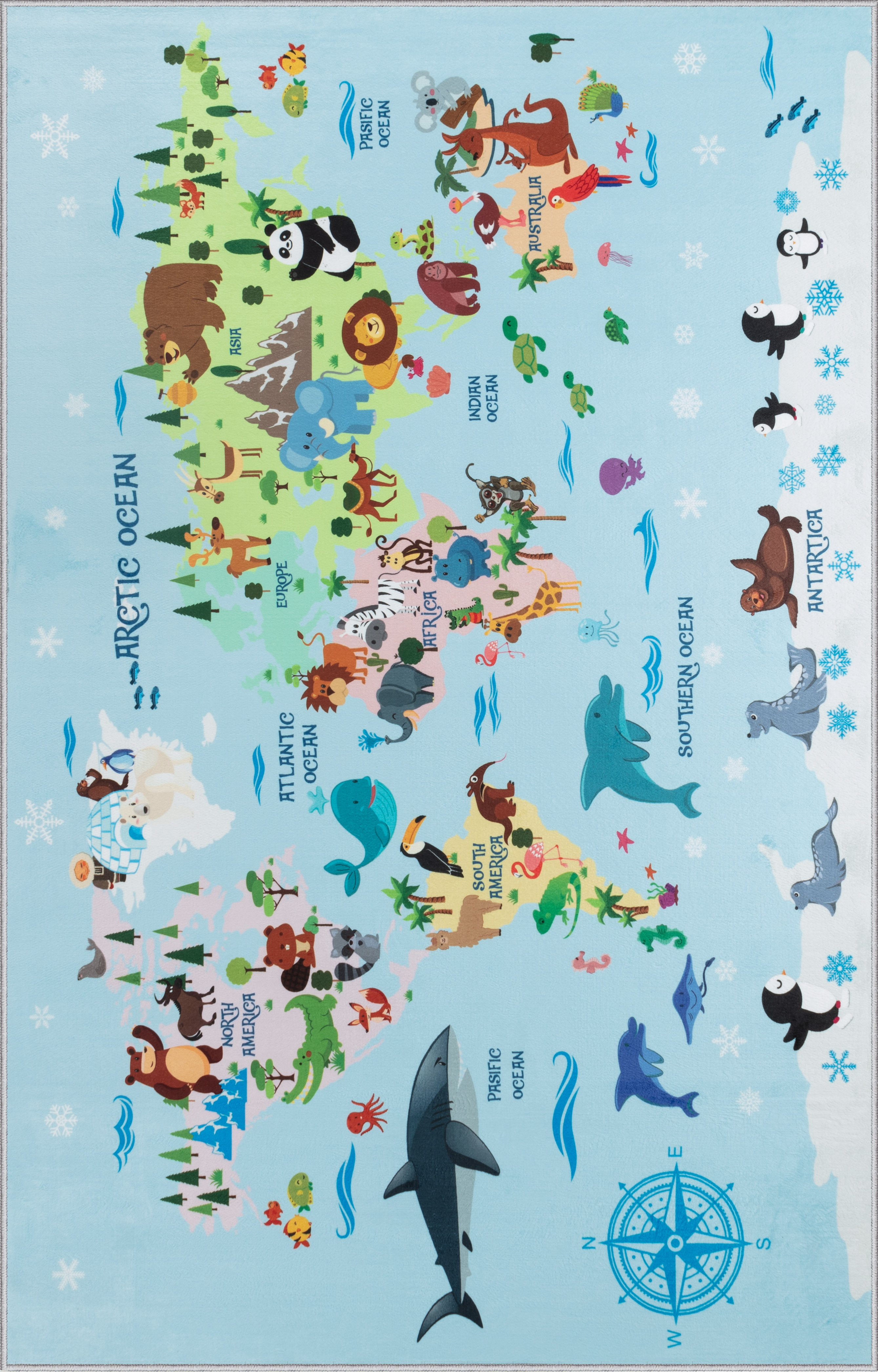 Ковер комнатный детский KOVRIKANA карта мира развивающий голубой животные компас 120см на 175см - фото 3