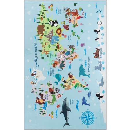 Ковер комнатный детский KOVRIKANA карта мира развивающий голубой животные компас 120см на 175см