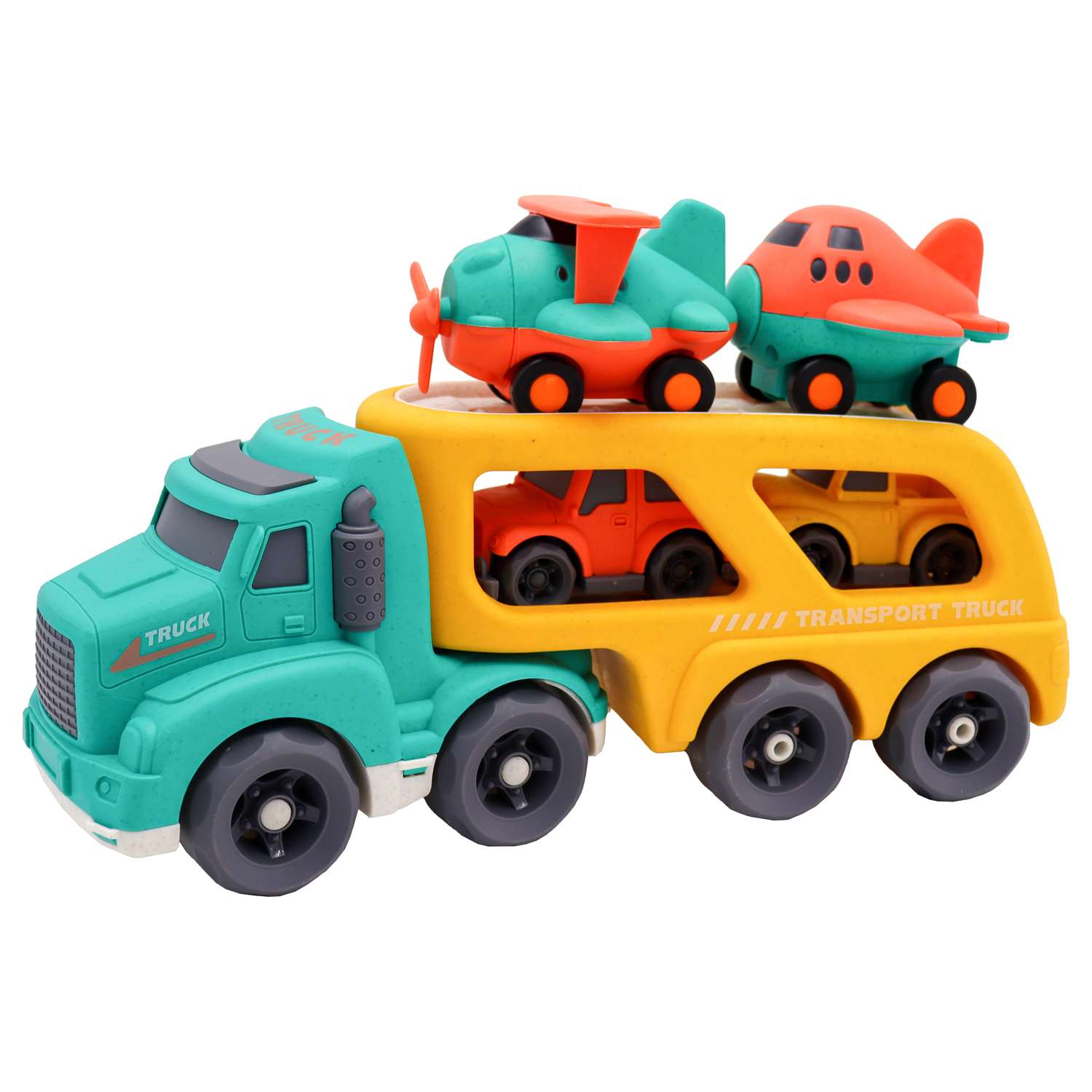 Игрушка Funky Toys Эко-машинка грузовик грузовик с 4 машинками Желтый 32 см FT0416368 - фото 1