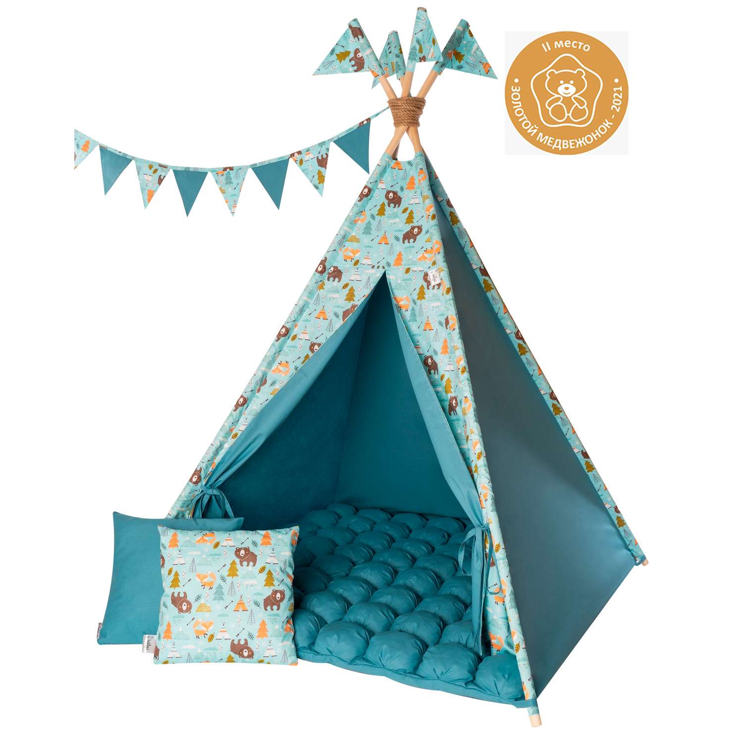 Детская игровая палатка вигвам Buklya Медведи с ковриком бон-бон цв. мятный / индиго - фото 2