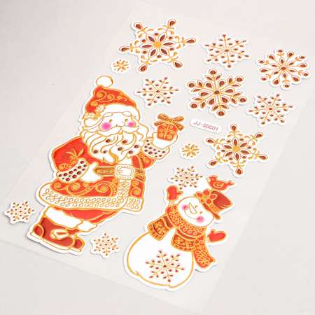 Наклейка Sima-Land пластик «Дед Мороз и Снеговик под снежинками» золотисто красная 17х27 см