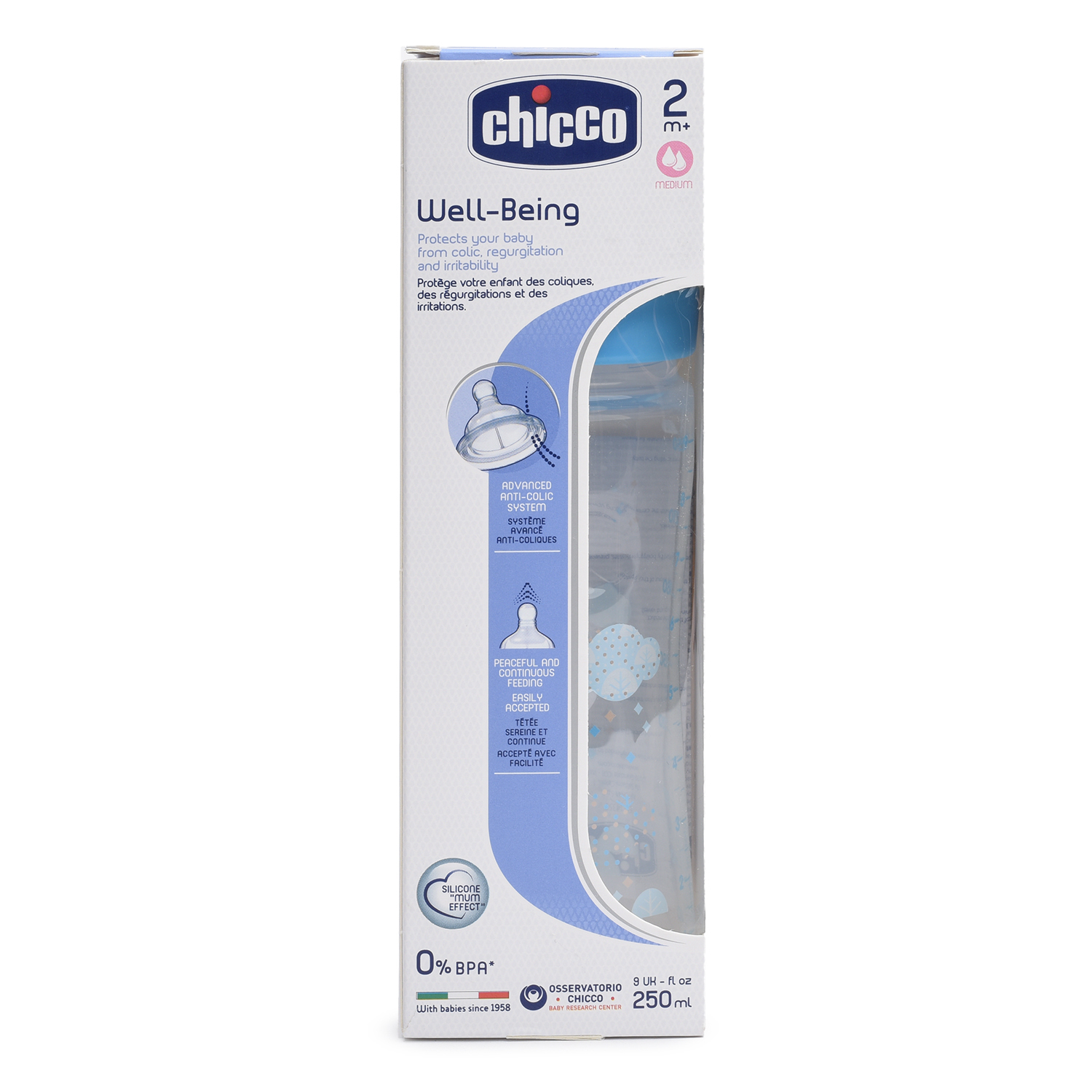 Бутылочка Chicco Well-Being Boy 250 мл 2 мес+ с силиконовой соской средний поток (310205114) - фото 3