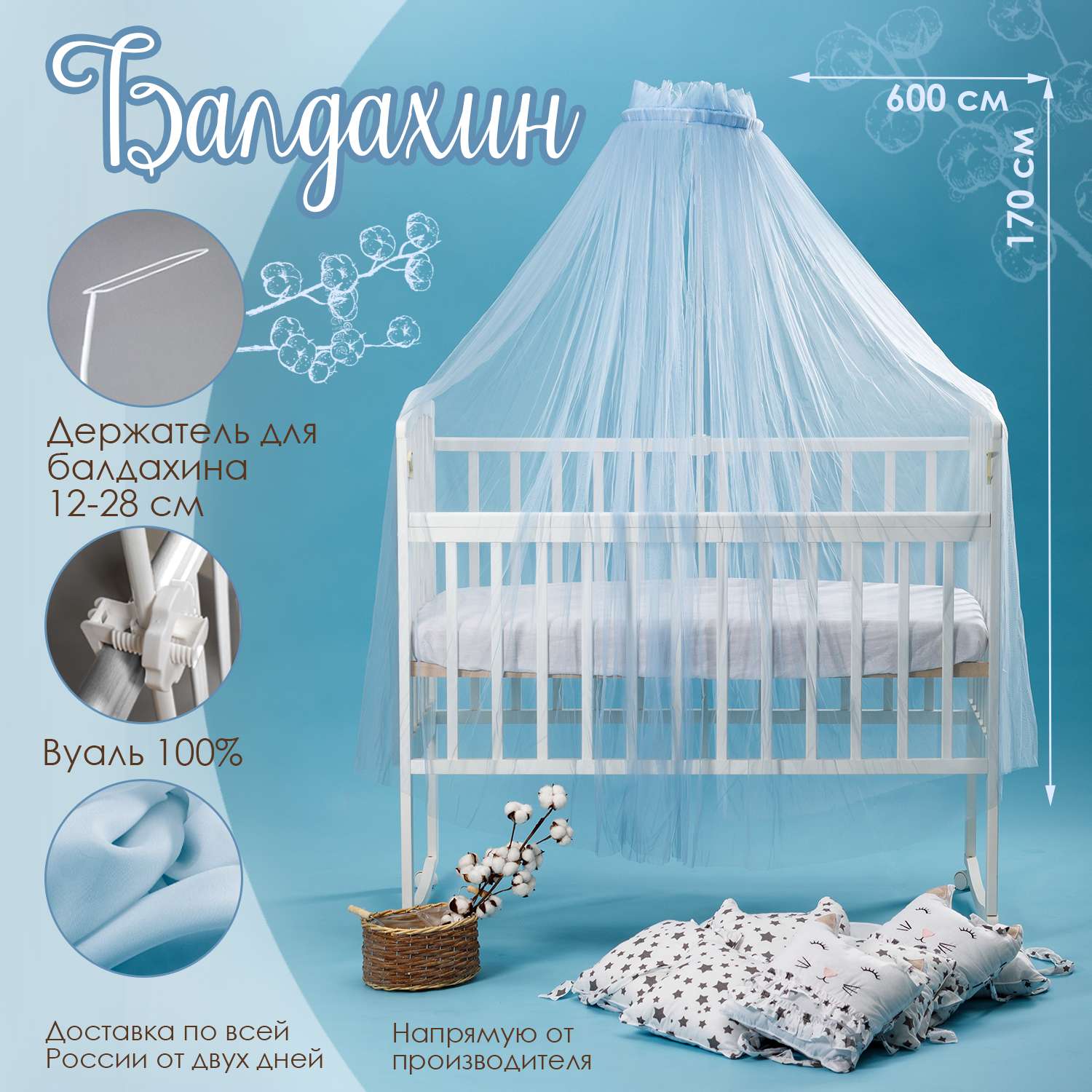 Набор для кроватки BABY STYLE балдахин голубой и кронштейн - фото 2