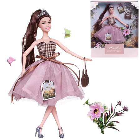 Кукла ABTOYS Летний вечер с диадемой в платье с двухслойной розовой юбкой темные волосы 30см