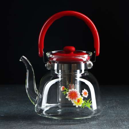 Чайник Sima-Land стеклянный заварочный с металлическим ситом «Цветочная фантазия» 1.4 л