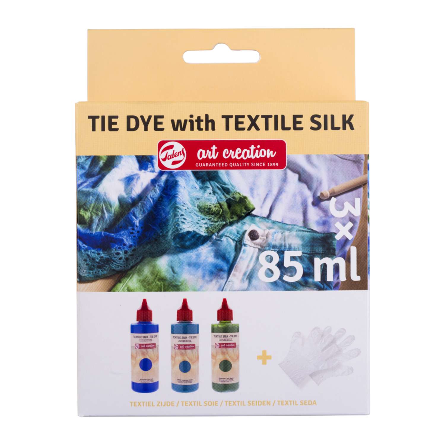Набор красок для текстиля Talens Art Creation Tie-dye 3 цвета оттенки голубого в тубах по 85мл и перчатки в картонной упаковке - фото 1