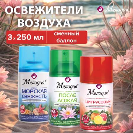 Освежитель воздуха Мелодия сменный баллон 250 мл набор 3 штуки ассорти ароматов