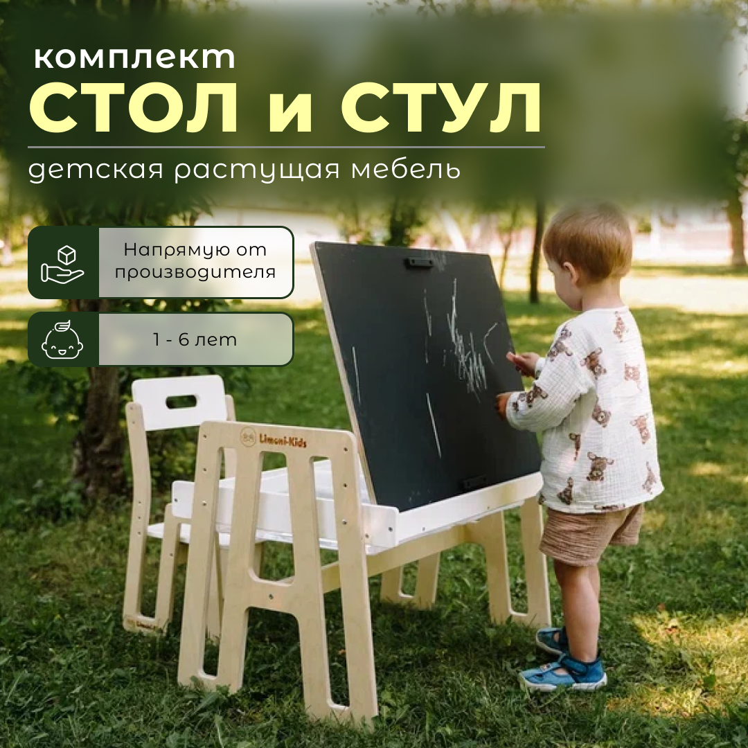 Комплект детской мебели Limoni-Kids Растущий стульчик и столик с грифельной доской и контейнерами - фото 1