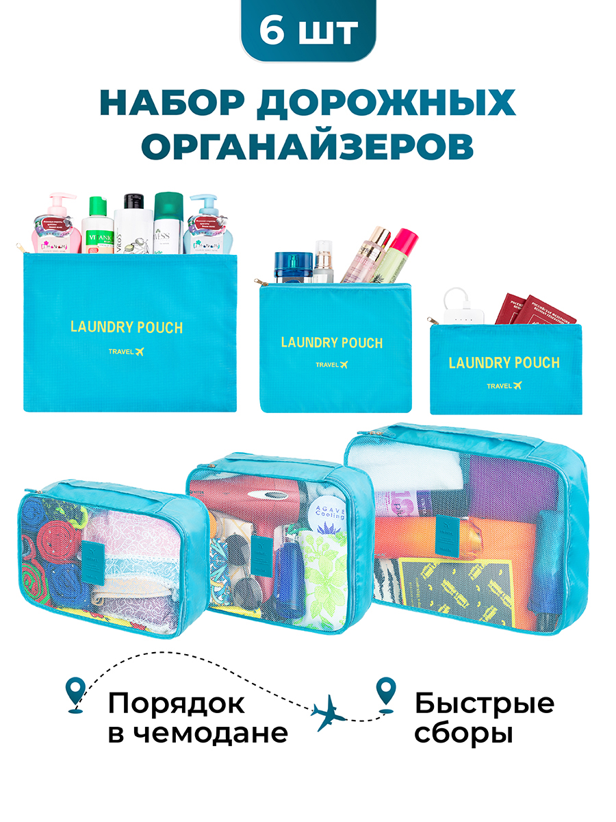 Набор дорожных органайзеров El Casa 6 шт Голубой 3 органайзера и 3 косметички - фото 1