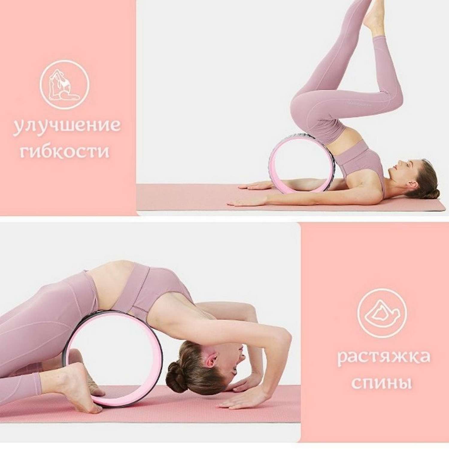 Колесо для йоги STRONG BODY фитнеса и пилатес 30 см х 12 см серо-розовое - фото 6