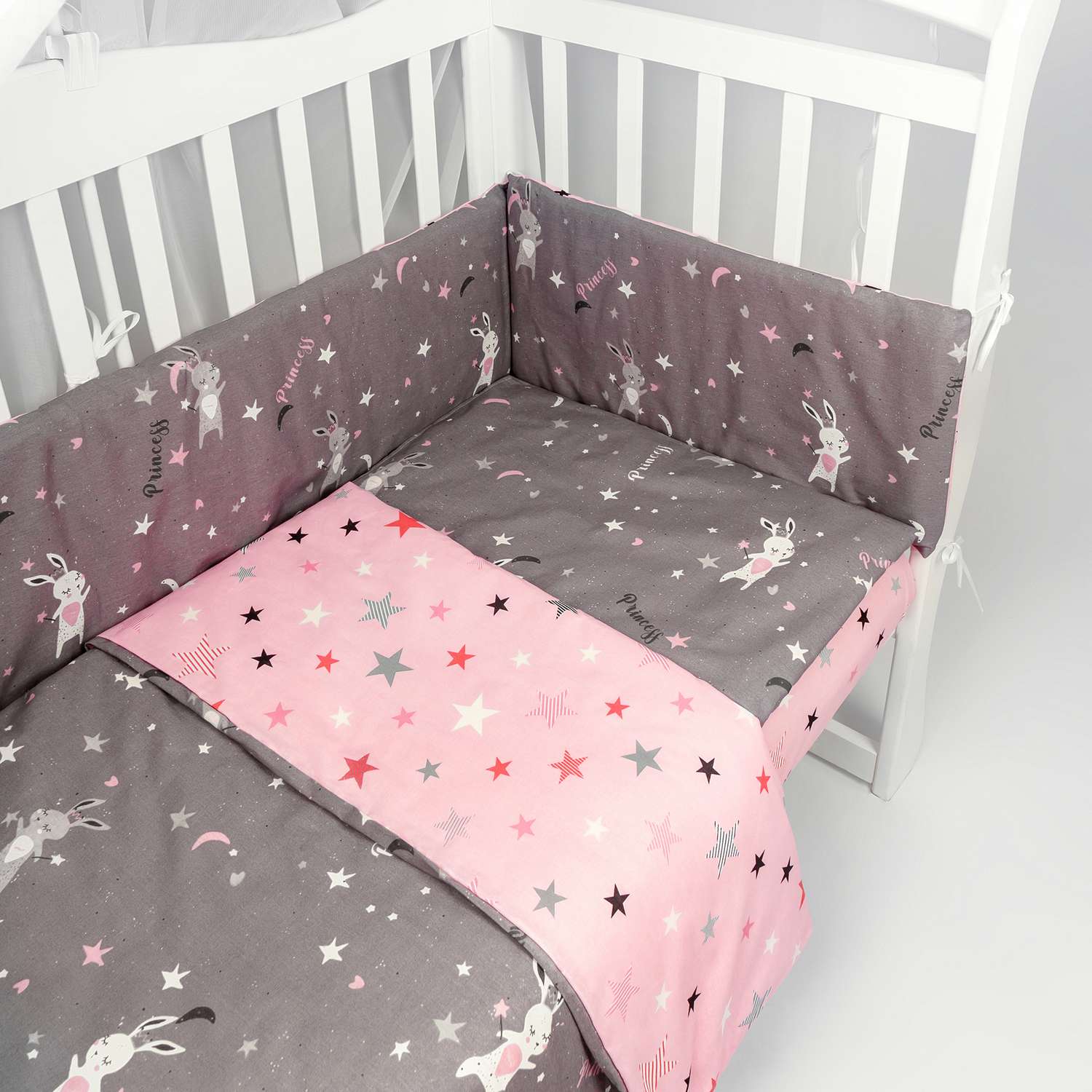 Комплект в кроватку AmaroBaby 3 предмета BABY BOOM Princess серый розовый - фото 4