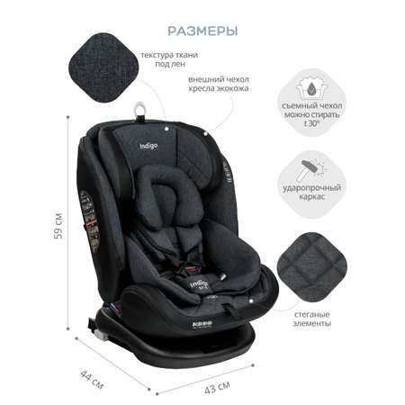 Автокресло Indigo Aero ST-3 Isofix растущее поворотное 0-36 кг темно-серый лен