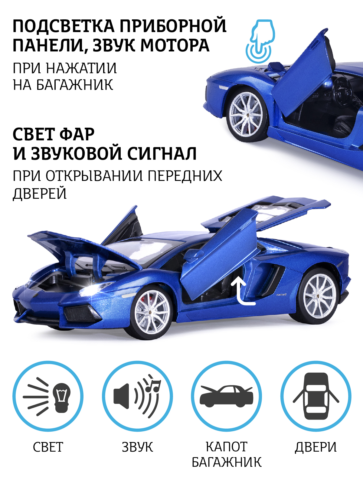 Машинка металлическая АВТОпанорама 1:24 Lamborghini Aventador Coupe синий свободный ход колес JB1251385 - фото 2