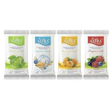 Влажные салфетки Amra освежающие 4 фруктовых аромата 20 шт
