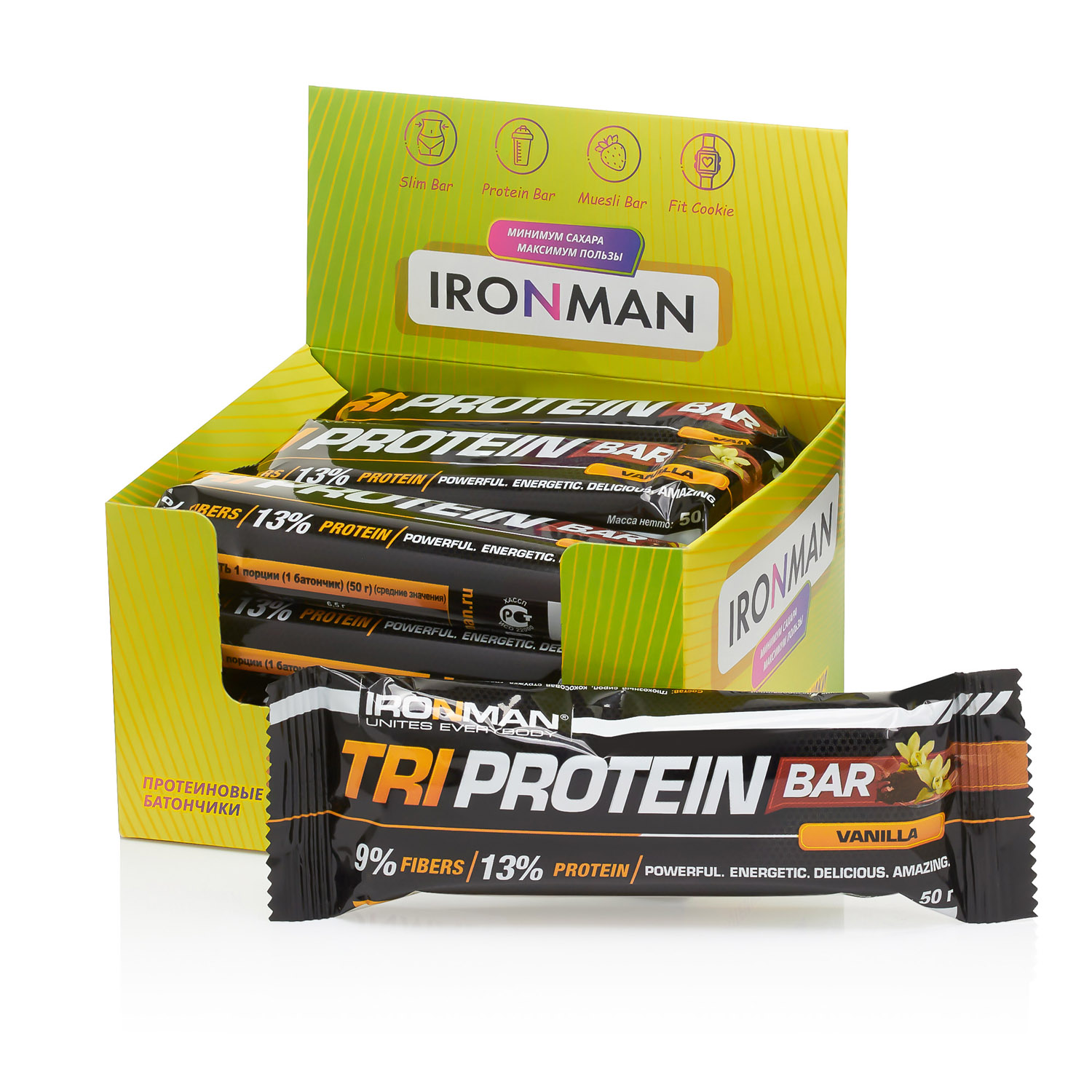 Протеиновый батончик IronMan Tri Protein Bar ваниль 12*50 г - фото 1