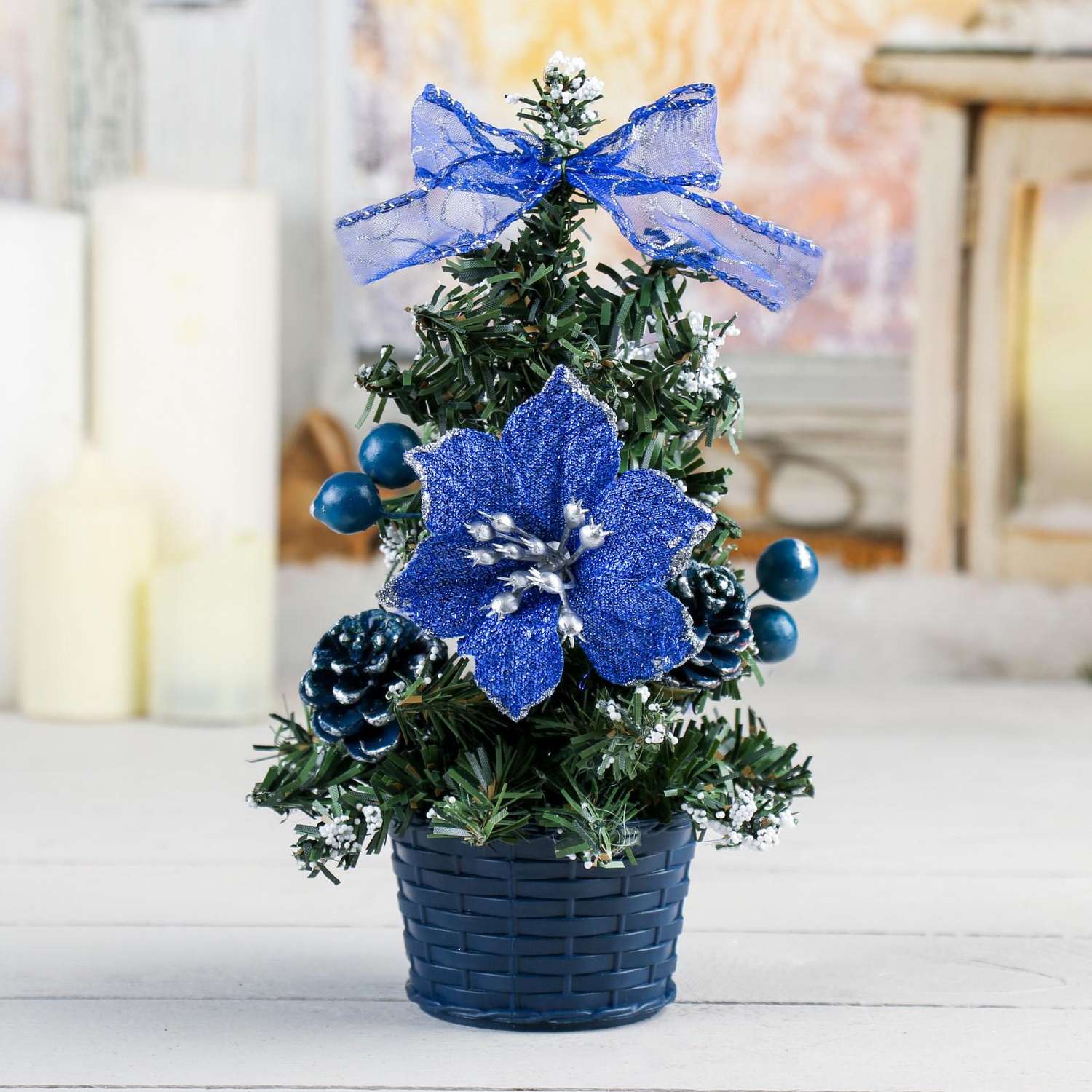 Ёлка Зимнее волшебство декор синий со снегом 20 см d нижнего яруса 12 см - фото 1