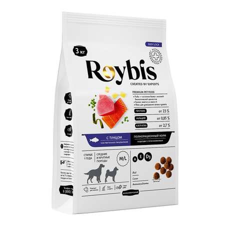 Корм для собак Roybis 3кг средних и крупных пород с чувствительным пищеварением с тунцом сухой