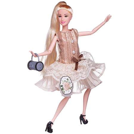 Кукла ABTOYS Современный шик платье без рукавов с плиссированной юбкой коричневая сумка блондинка 30см
