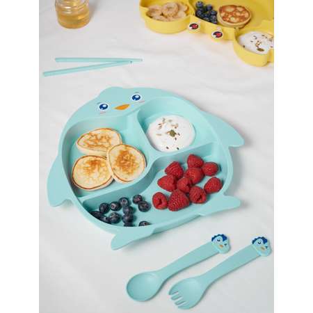 Набор детской посуды Добрый Филин Тарелка вилка ложка Пингвинёнок голубой 4 предмета
