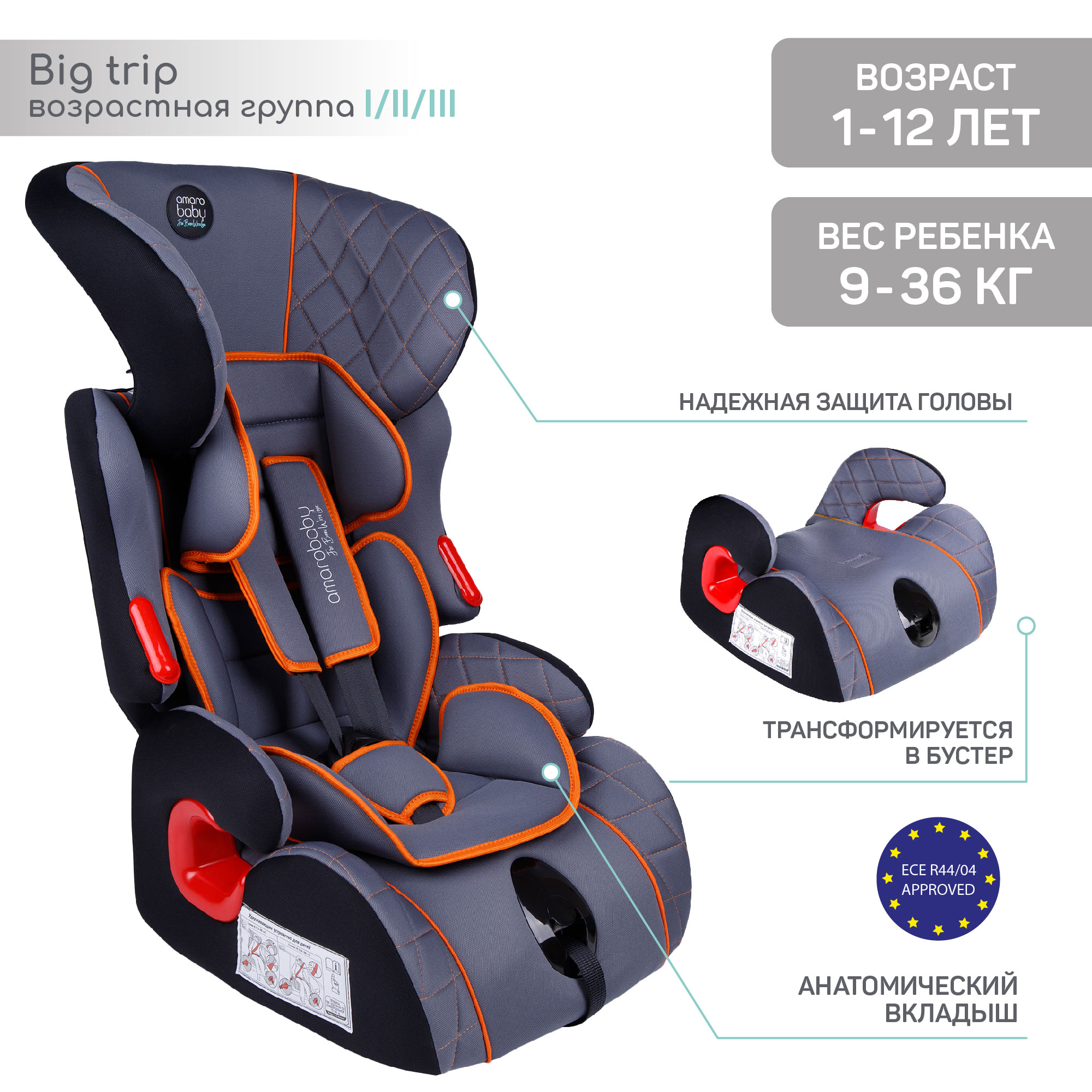 Автокресло Amarobaby Big trip I/II/III Серый-Оранжевый - фото 2