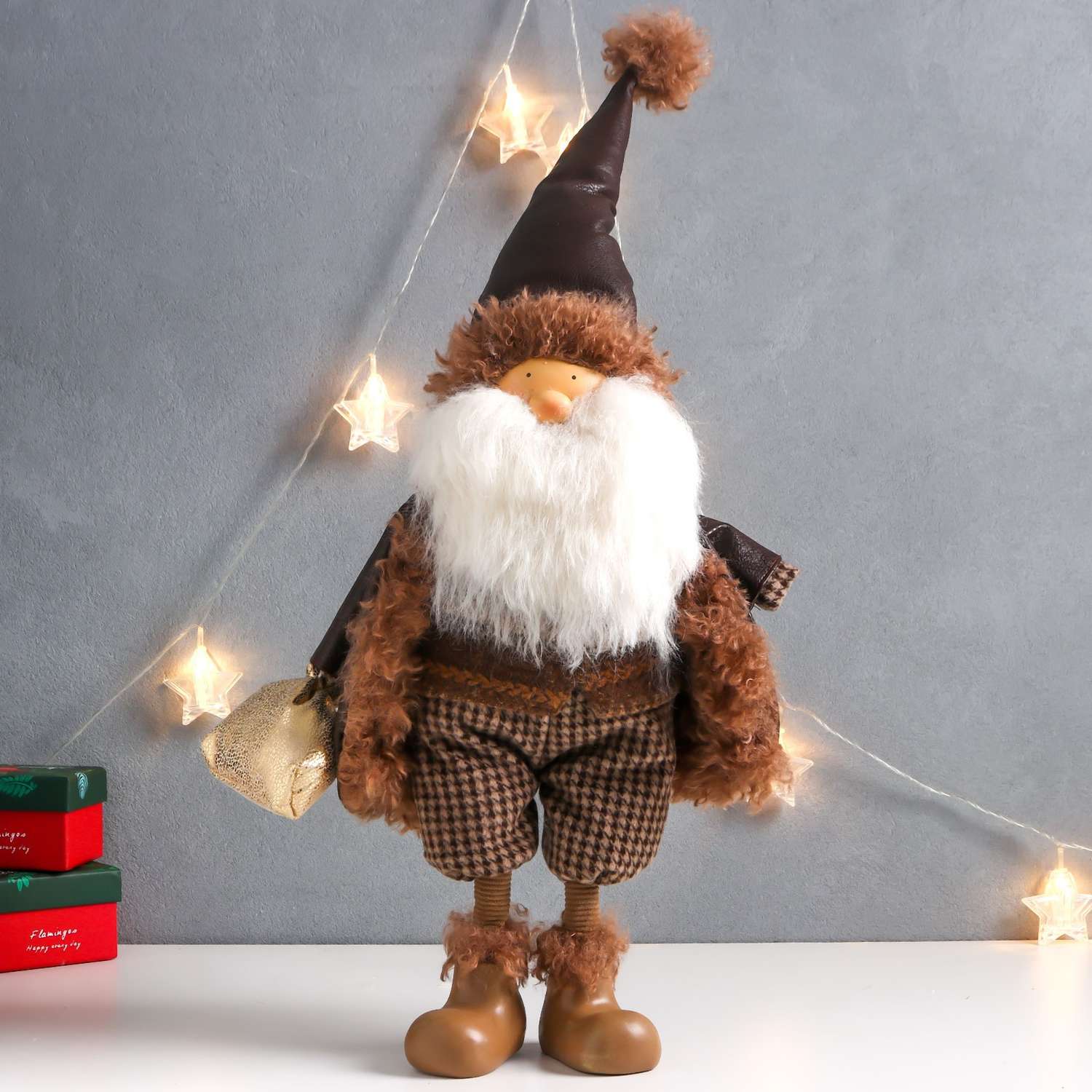 Кукла интерьерная Зимнее волшебство «Дед Мороз в коричневой шубке с мешком подарков» 27х14х62 см - фото 1