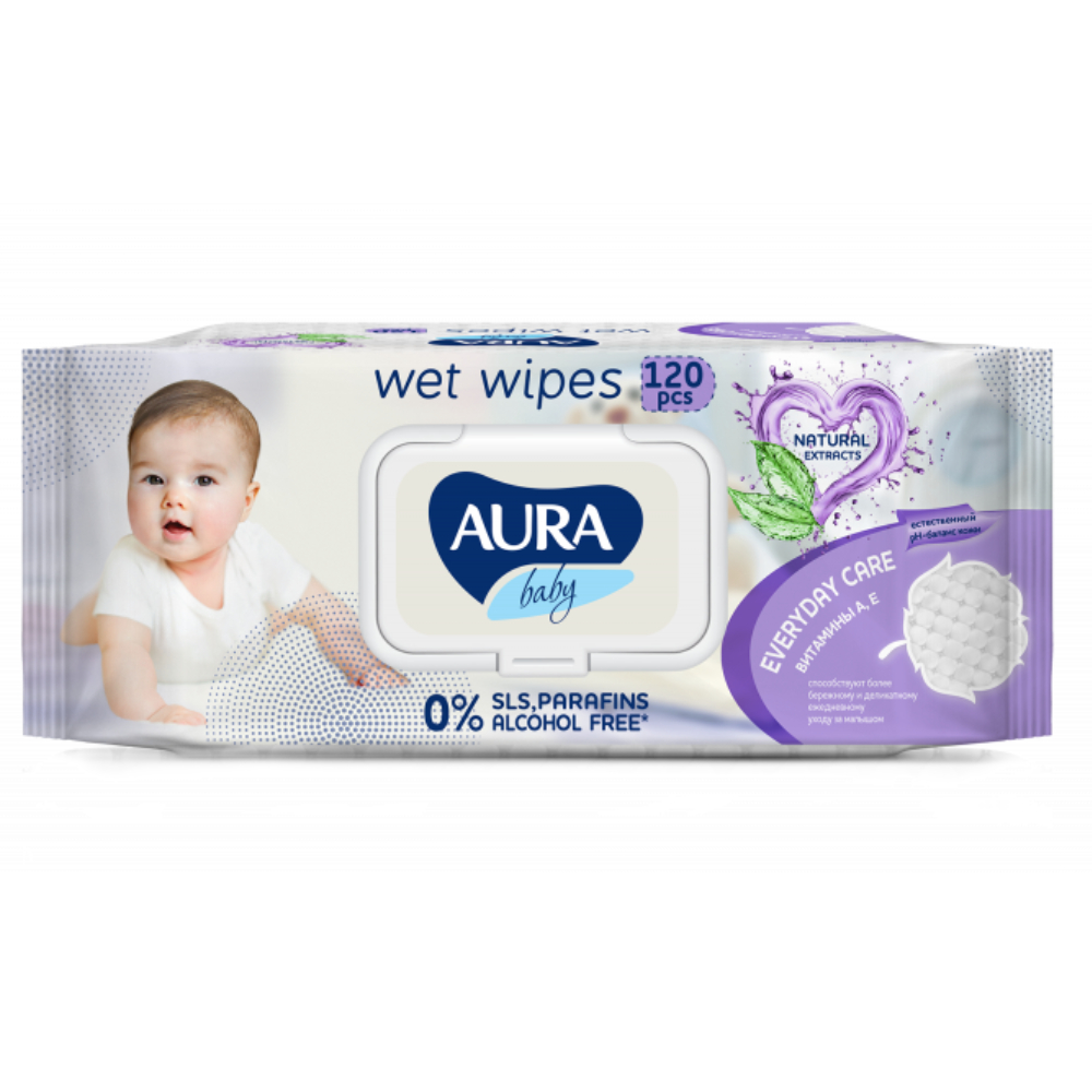 Влажные салфетки AURA BABY детские 0+ с витаминами А Е big-pack с крышкой 120шт - фото 2