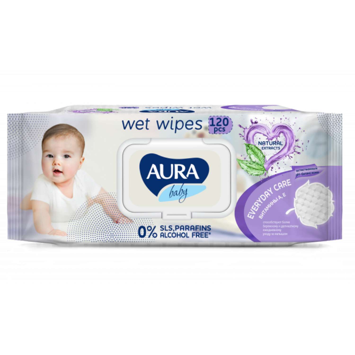 Влажные салфетки AURA BABY детские 0+ с витаминами А Е big-pack с крышкой 120шт - фото 2