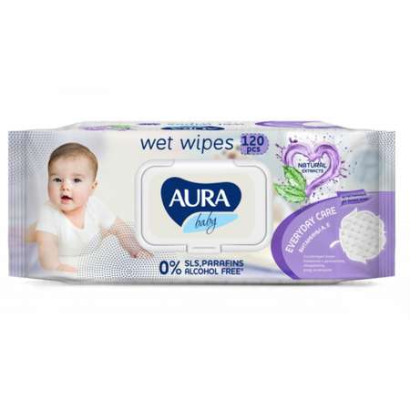 Влажные салфетки AURA BABY детские 0+ с витаминами А Е big-pack с крышкой 120шт