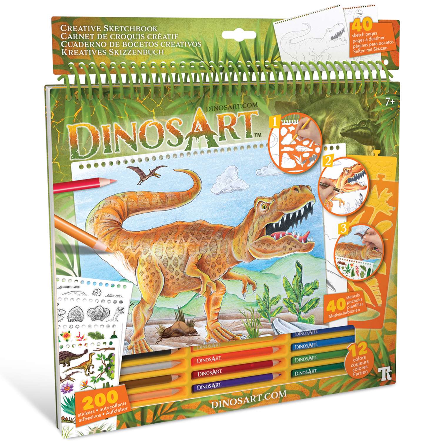 Набор для раскрашивания DinosArt с 40 скетч страниц с 40 трафаретами и 12 цветных карандашей - фото 1
