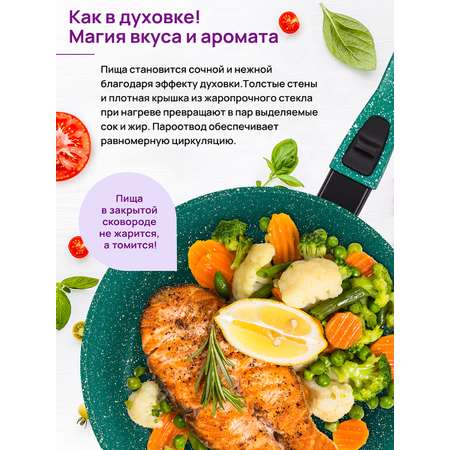 Сковорода Elan Gallery глубокая 28 см Гармония Вкуса изумруд с крышкой со съёмной ручкой